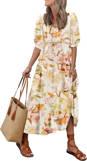 Women's Floral Boho Maxi Dress 2025 Summer V Neck Puff Sleeve Casual Loose Flowy Long Beach Dresses