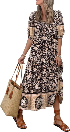 Women's Floral Boho Maxi Dress 2025 Summer V Neck Puff Sleeve Casual Loose Flowy Long Beach Dresses