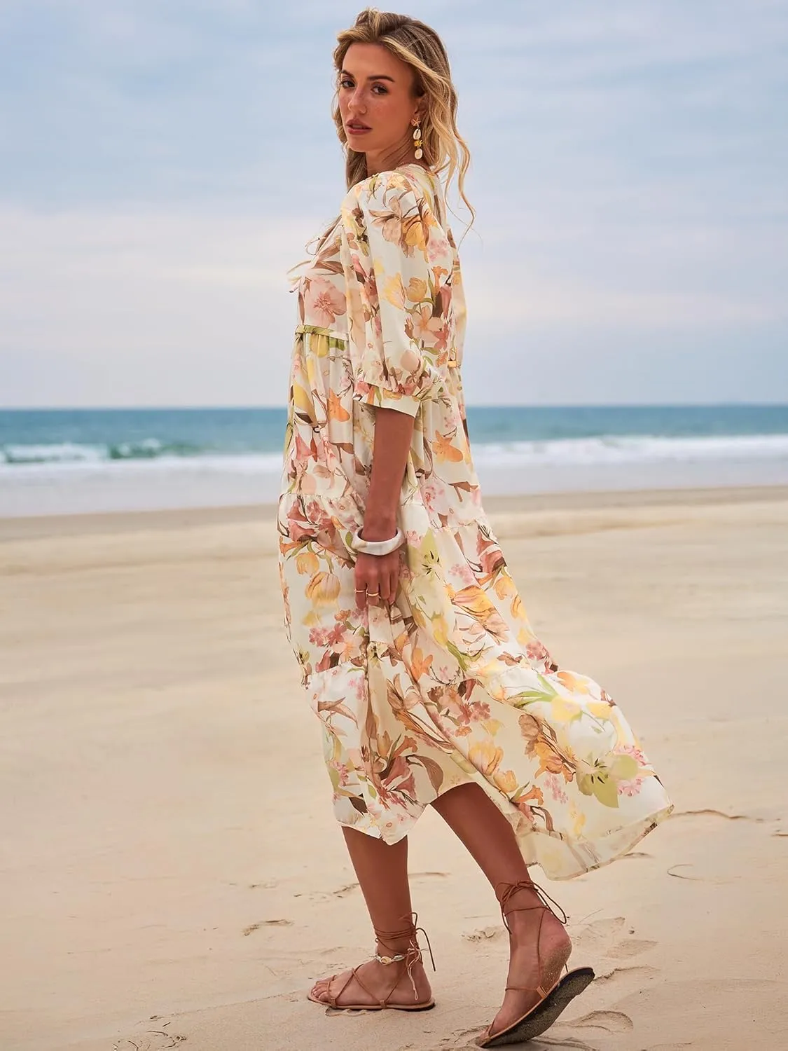 Women's Floral Boho Maxi Dress 2025 Summer V Neck Puff Sleeve Casual Loose Flowy Long Beach Dresses