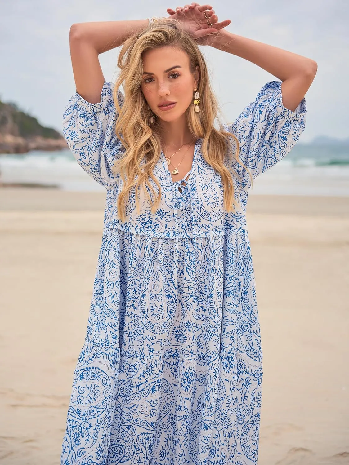 Women's Floral Boho Maxi Dress 2025 Summer V Neck Puff Sleeve Casual Loose Flowy Long Beach Dresses