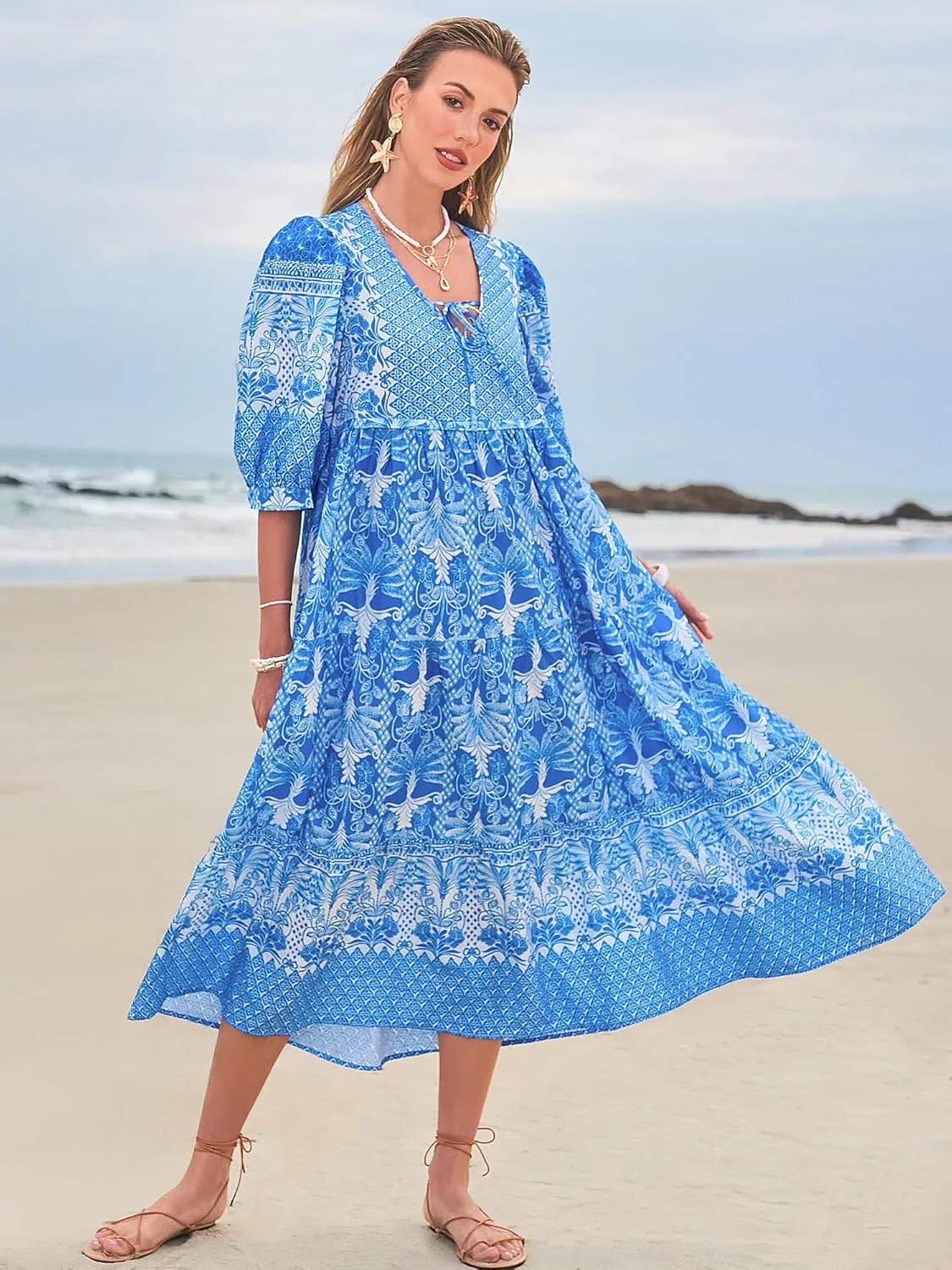 Women's Floral Boho Maxi Dress 2025 Summer V Neck Puff Sleeve Casual Loose Flowy Long Beach Dresses