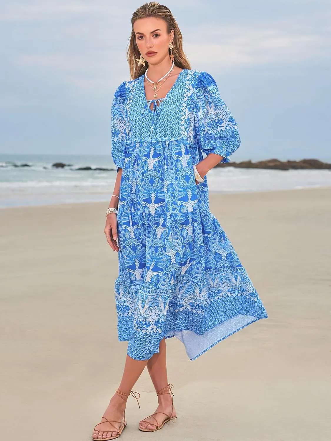 Women's Floral Boho Maxi Dress 2025 Summer V Neck Puff Sleeve Casual Loose Flowy Long Beach Dresses