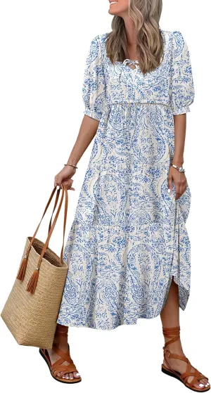 Women's Floral Boho Maxi Dress 2025 Summer V Neck Puff Sleeve Casual Loose Flowy Long Beach Dresses