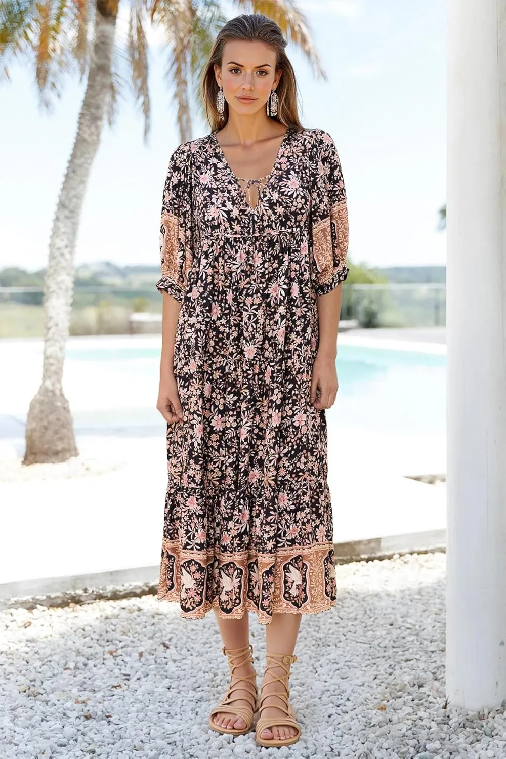 Women's Floral Boho Maxi Dress 2025 Summer V Neck Puff Sleeve Casual Loose Flowy Long Beach Dresses