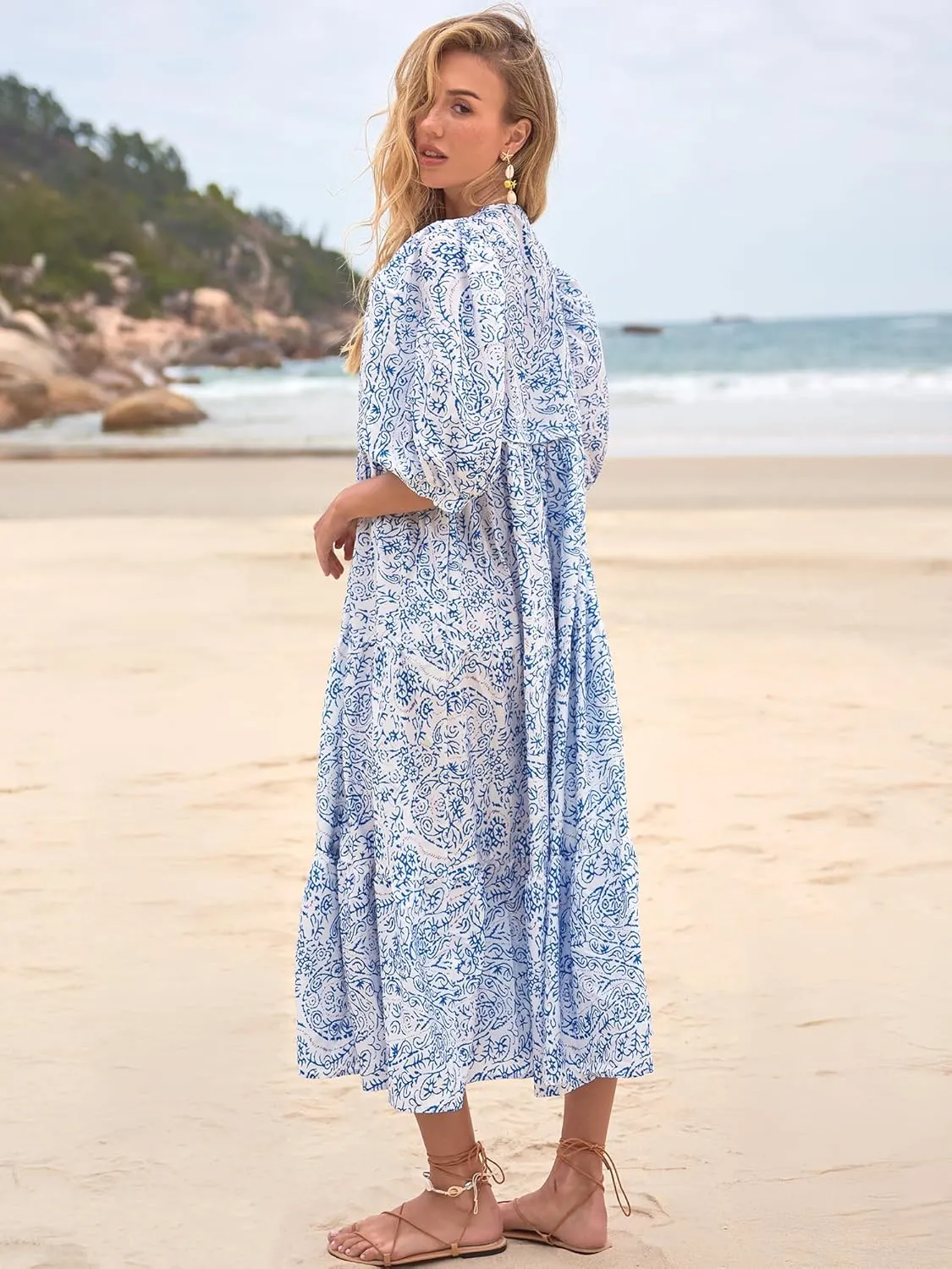 Women's Floral Boho Maxi Dress 2025 Summer V Neck Puff Sleeve Casual Loose Flowy Long Beach Dresses