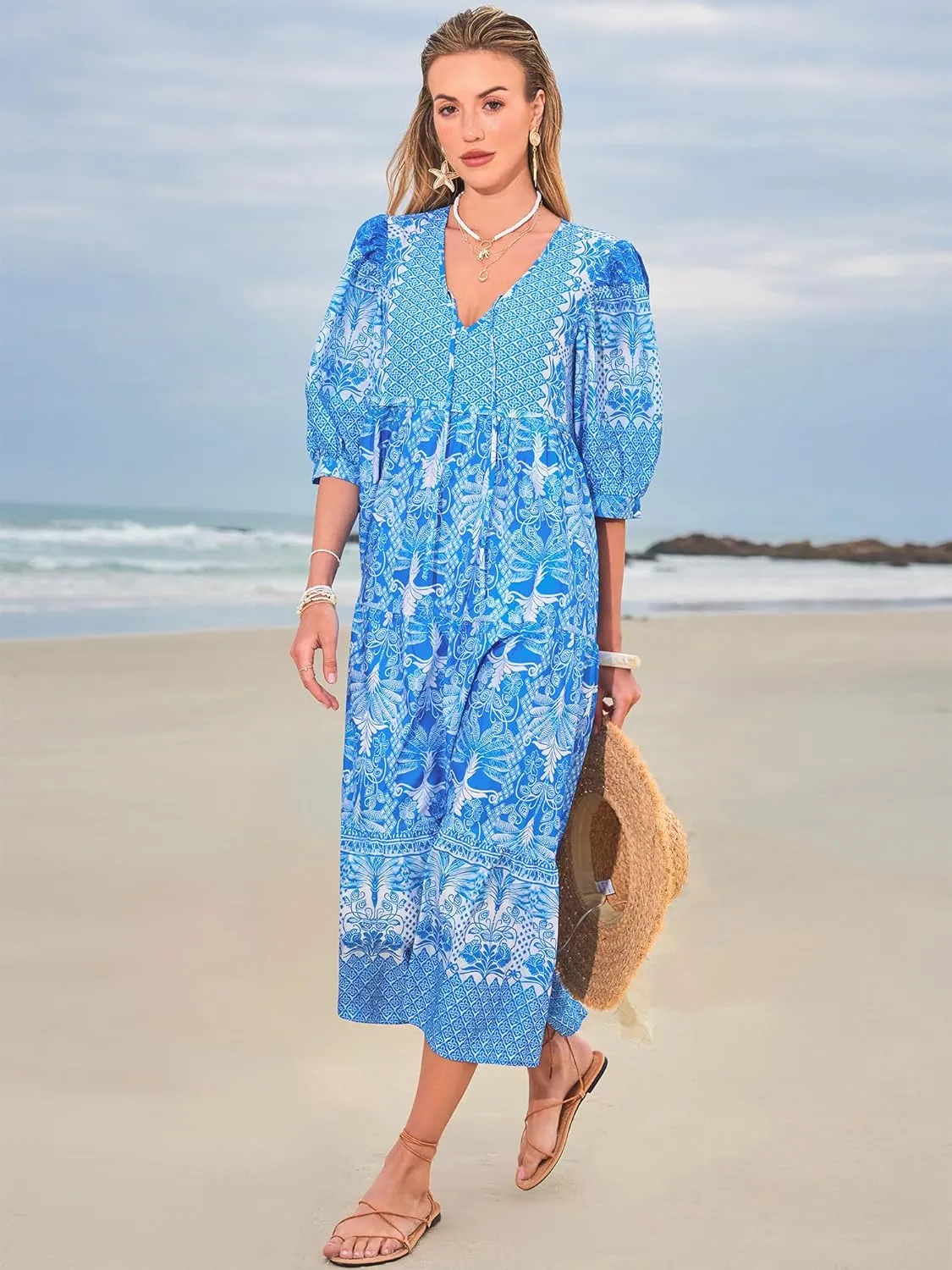 Women's Floral Boho Maxi Dress 2025 Summer V Neck Puff Sleeve Casual Loose Flowy Long Beach Dresses