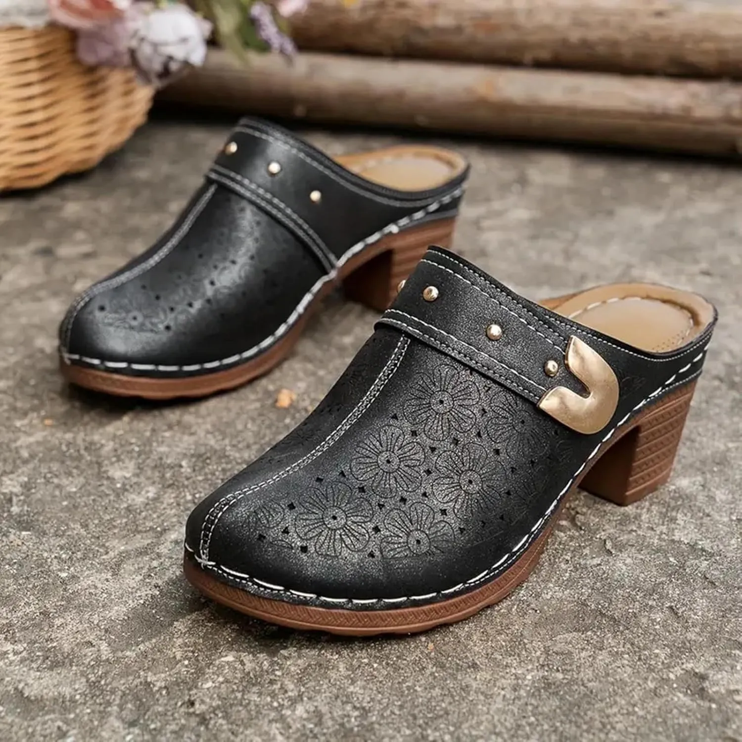 Women's Floral Cut Out Sandals,Closed Toe Chunky Heel Mules Fashionable Simple Comfortable Summer Stylish Footwear for Summer Vacation & Parties
