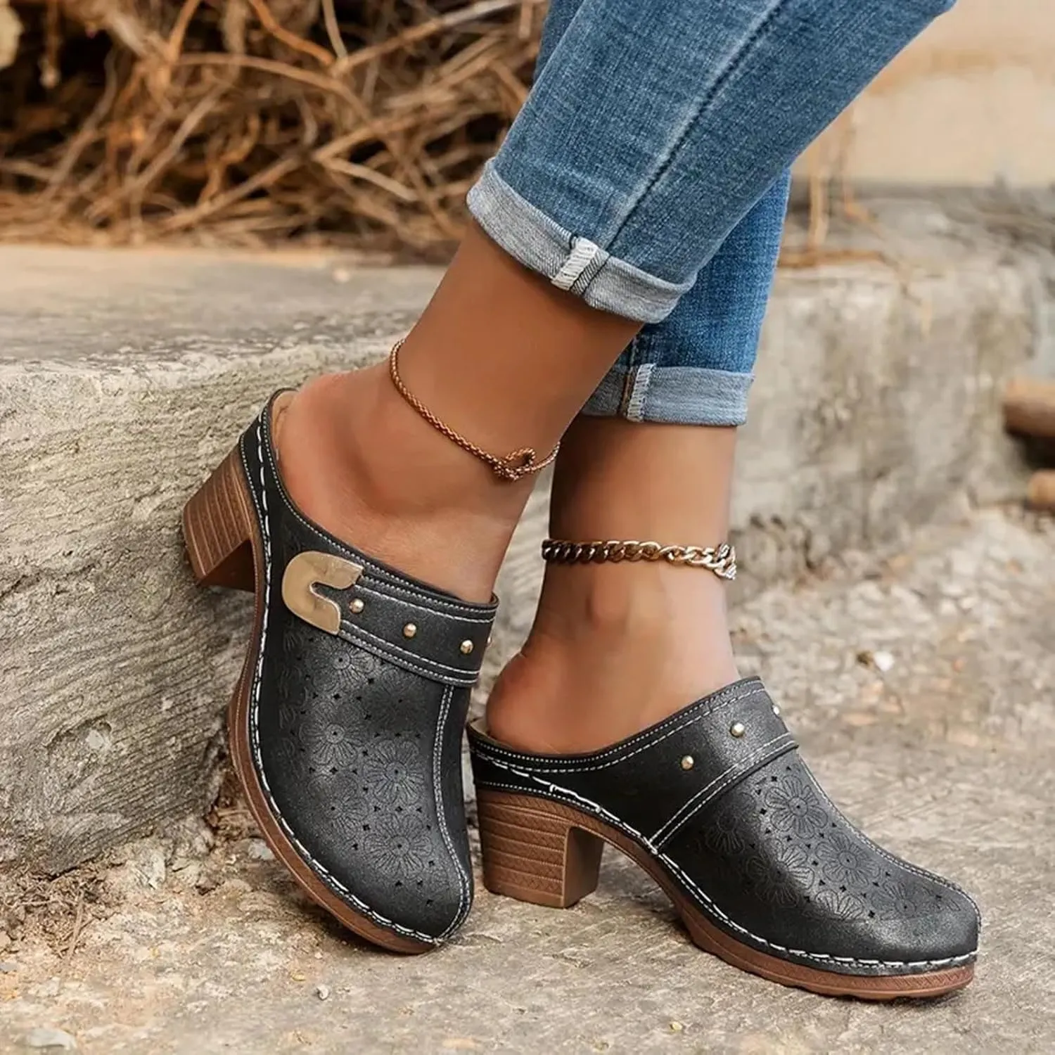 Women's Floral Cut Out Sandals,Closed Toe Chunky Heel Mules Fashionable Simple Comfortable Summer Stylish Footwear for Summer Vacation & Parties