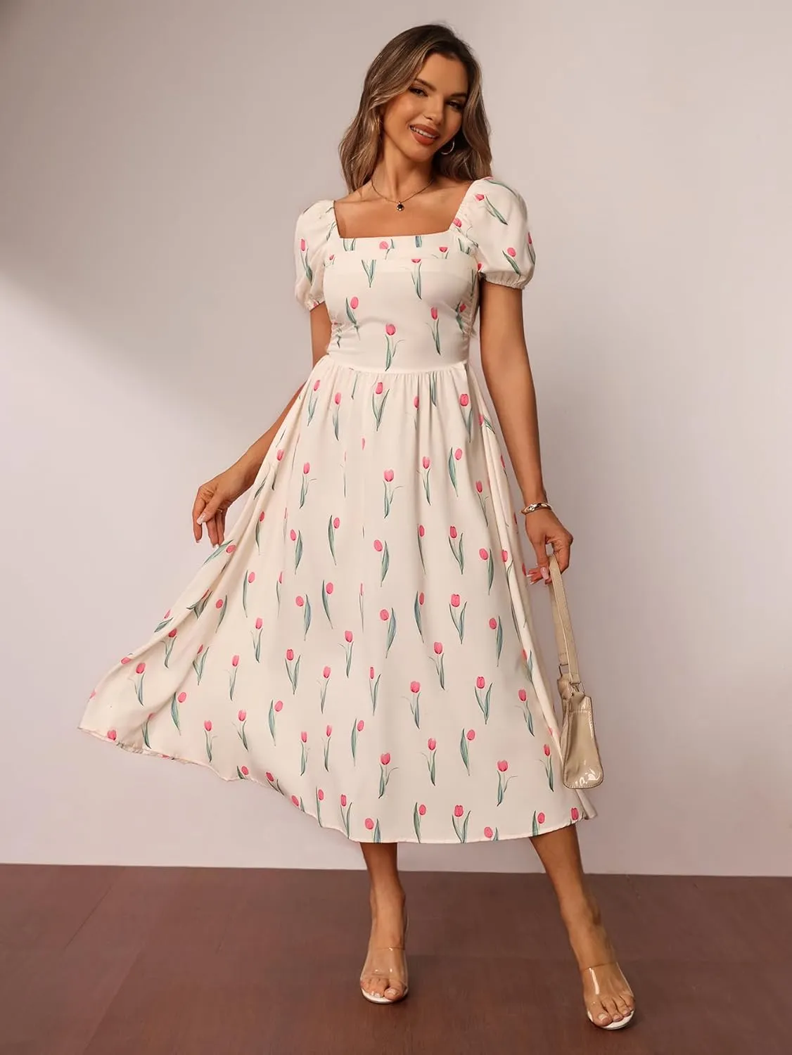 Women's Floral Print Puff Short Sleeve Maxi Dress Square Neck A Line Flowy Boho Vacation Dresses