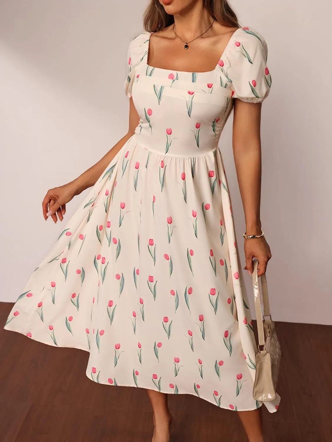Women's Floral Print Puff Short Sleeve Maxi Dress Square Neck A Line Flowy Boho Vacation Dresses