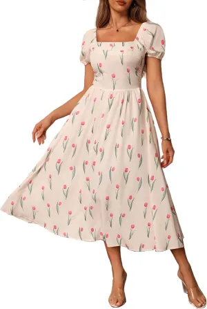 Women's Floral Print Puff Short Sleeve Maxi Dress Square Neck A Line Flowy Boho Vacation Dresses