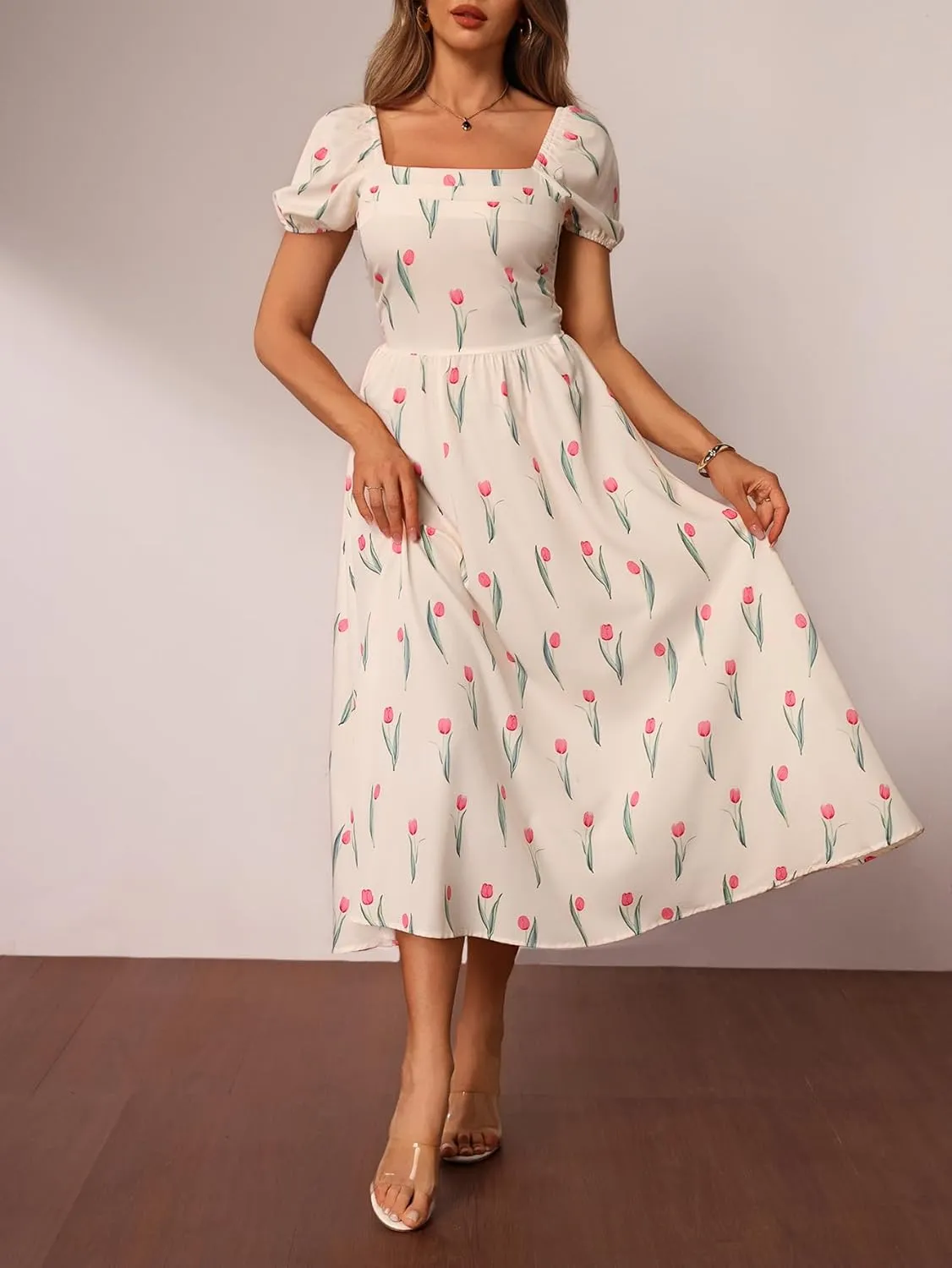 Women's Floral Print Puff Short Sleeve Maxi Dress Square Neck A Line Flowy Boho Vacation Dresses