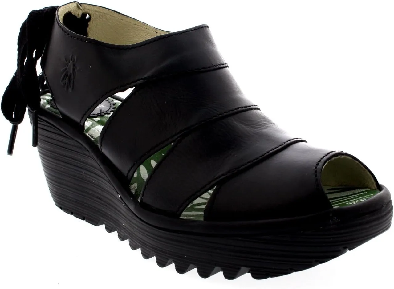 Womens Fly London Yown Rug Leather Vacation Peep Toe Wedges Heel Sandals