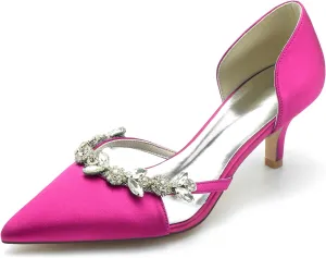 Women's High Heel Bridal Shoes with Crystal Satin Pointed Toe Dress Pumps Slip on Evening Party Wedding Court Shoes