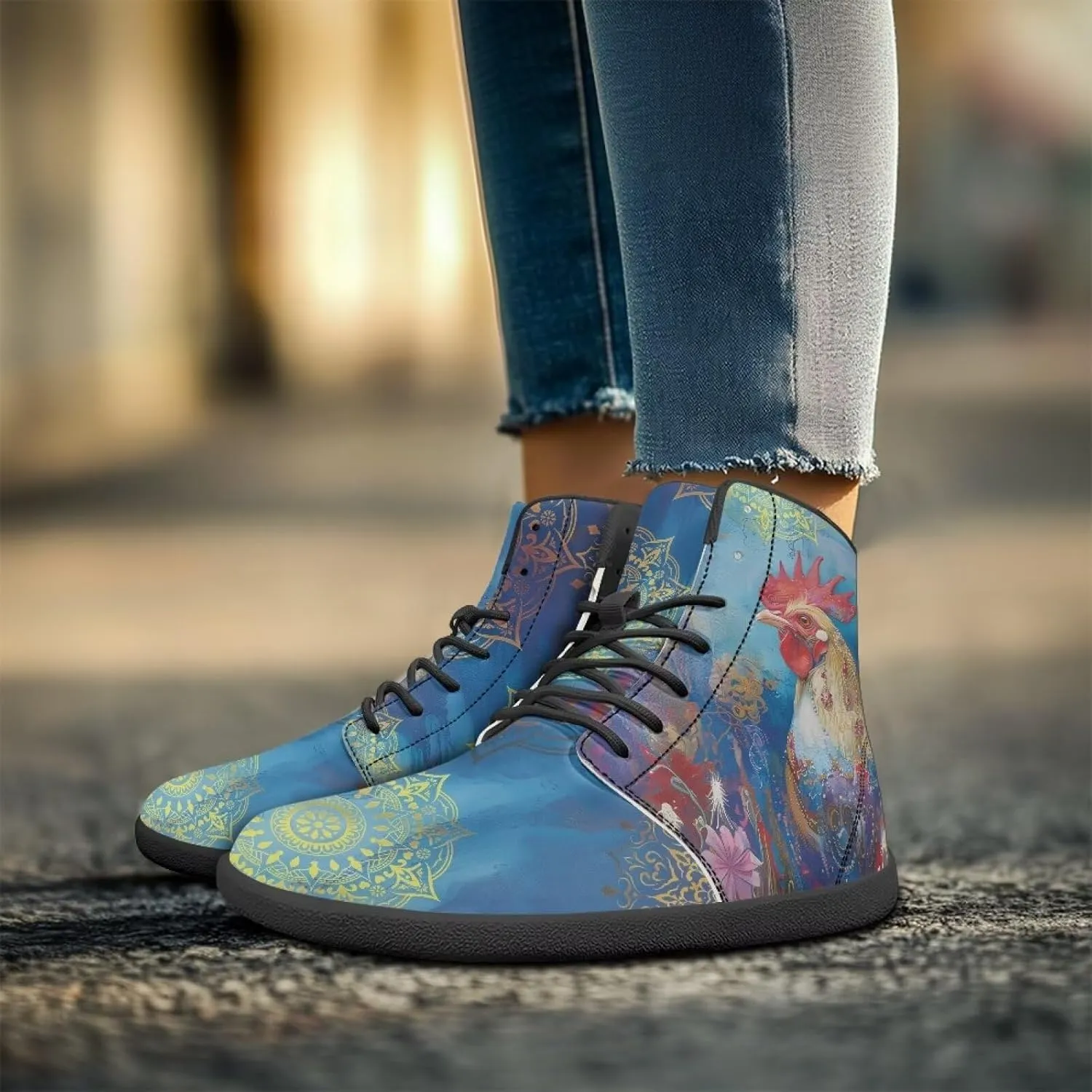 Women's High Top Sneakers Lace Up PU Leather Shoes with Flat Soles and Bandage, Fashionable Walking Shoes
