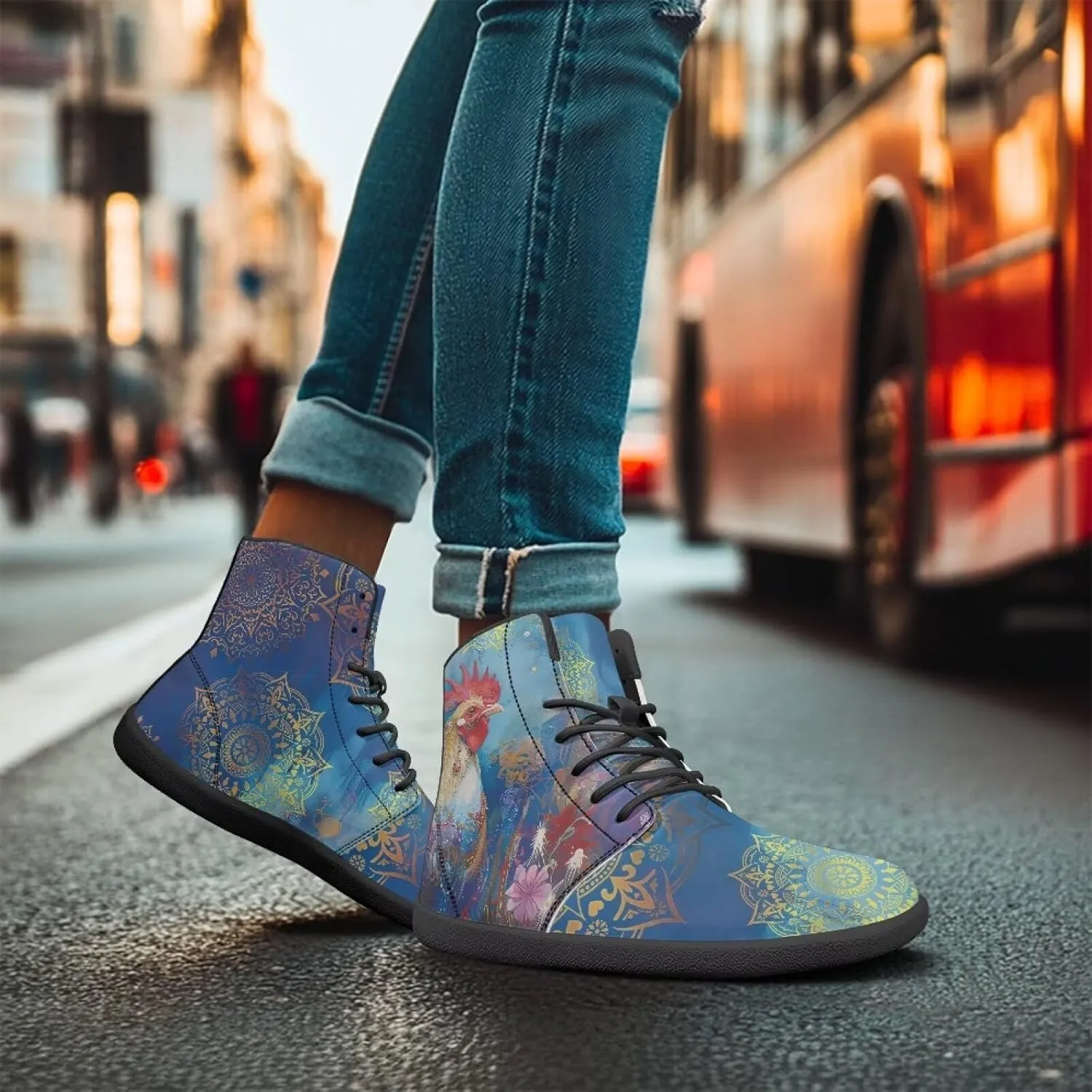 Women's High Top Sneakers Lace Up PU Leather Shoes with Flat Soles and Bandage, Fashionable Walking Shoes