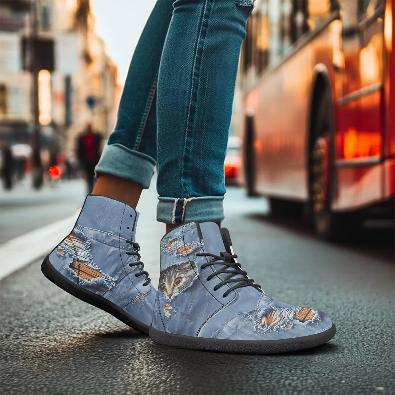 Women's High Top Sneakers Lace Up PU Leather Shoes with Flat Soles and Bandage, Fashionable Walking Shoes