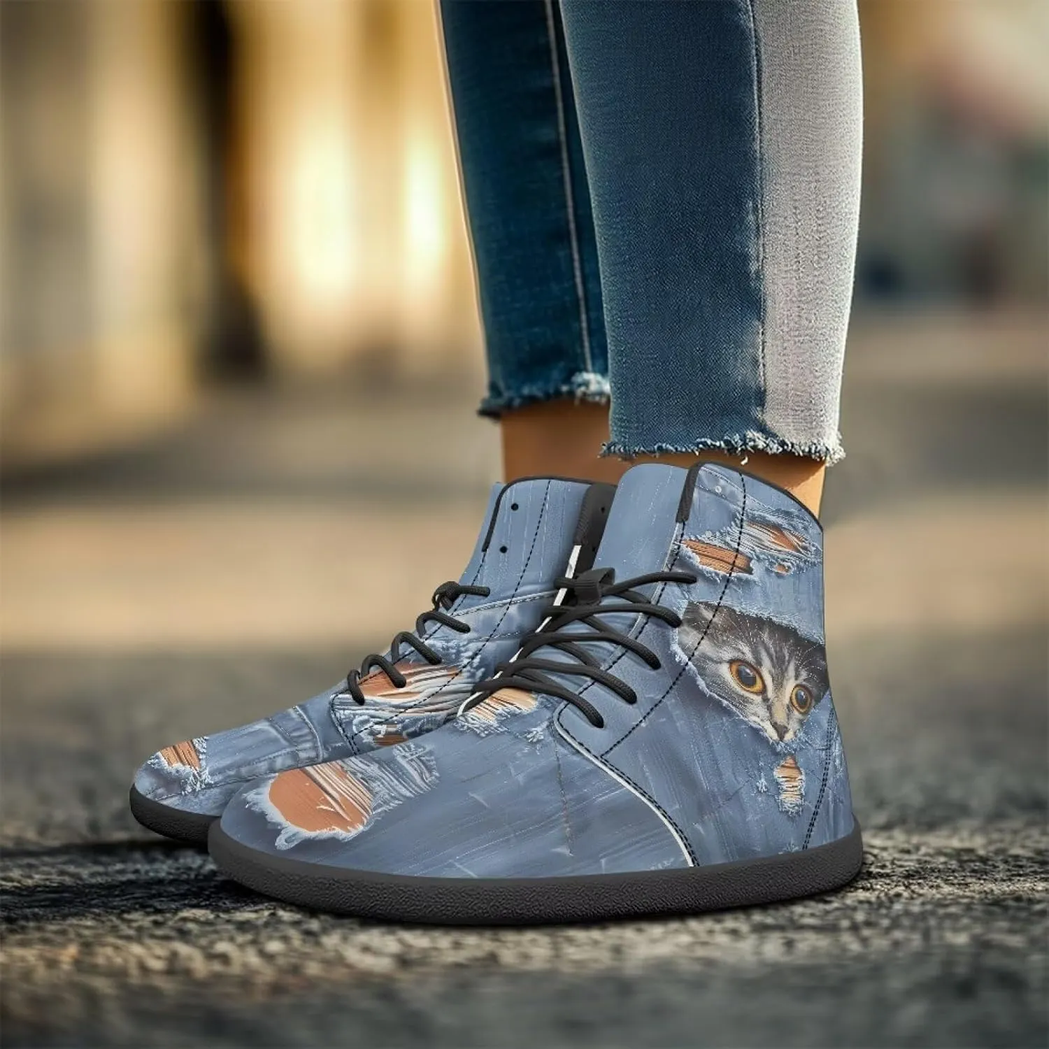 Women's High Top Sneakers Lace Up PU Leather Shoes with Flat Soles and Bandage, Fashionable Walking Shoes