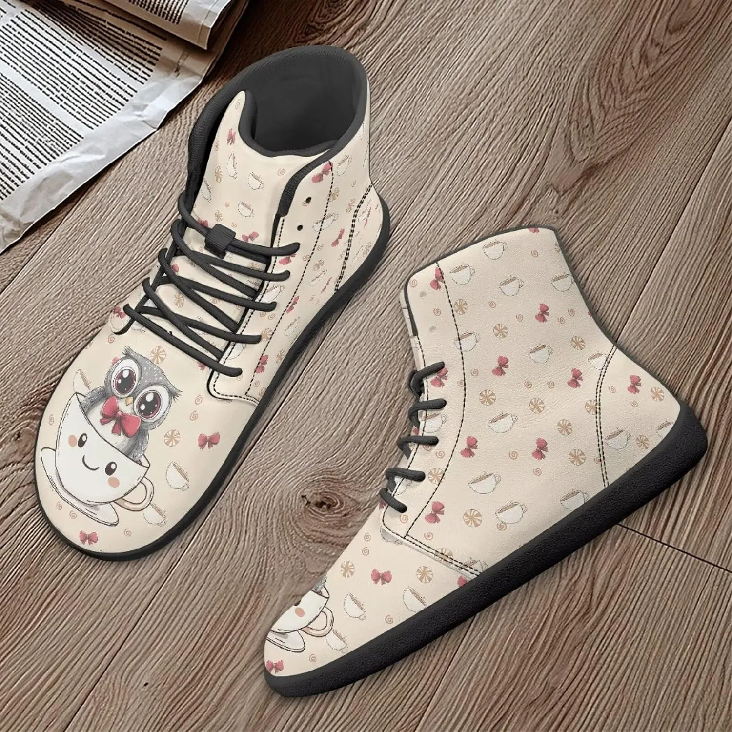 Women's High Top Sneakers Lace Up PU Leather Shoes with Flat Soles and Bandage, Fashionable Walking Shoes