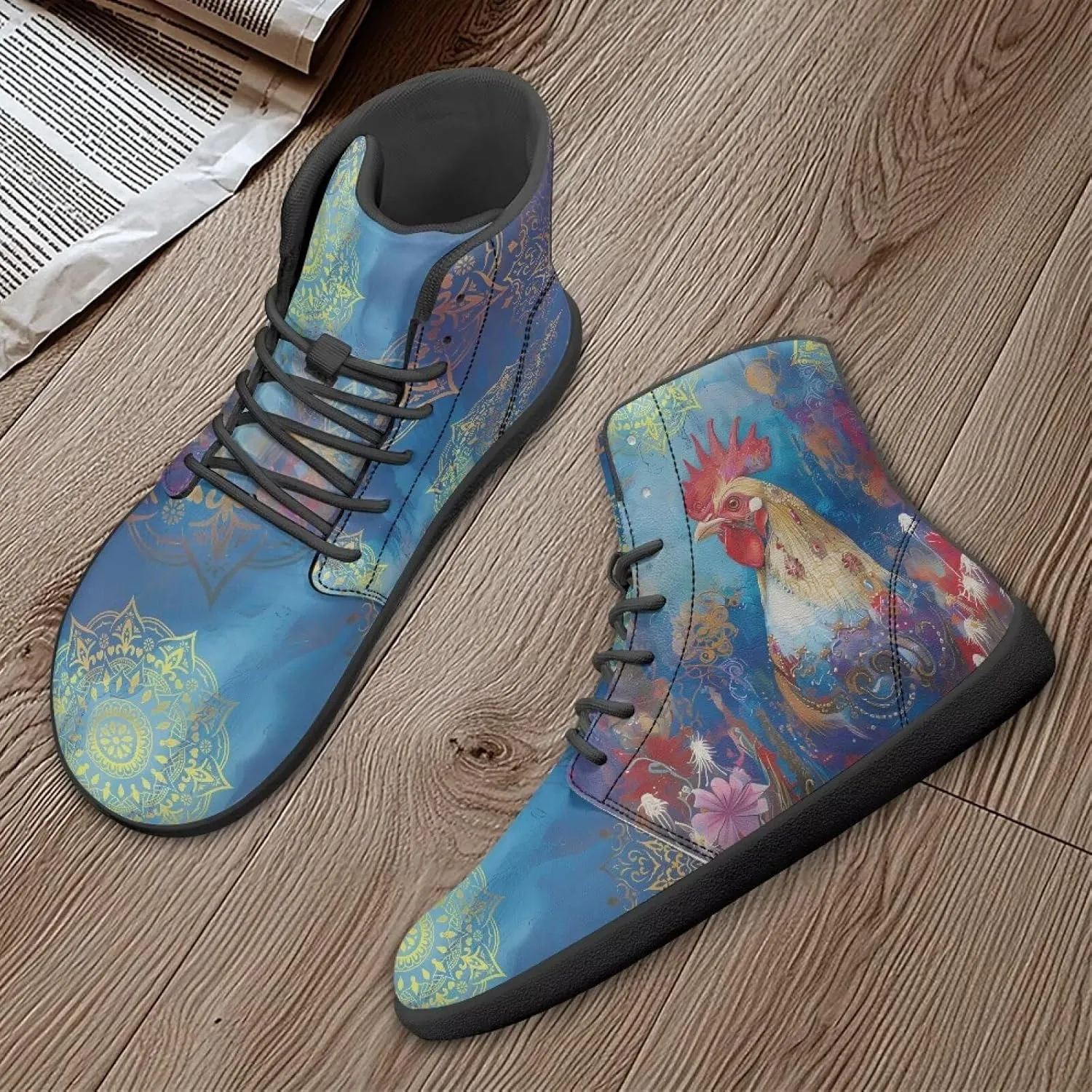 Women's High Top Sneakers Lace Up PU Leather Shoes with Flat Soles and Bandage, Fashionable Walking Shoes