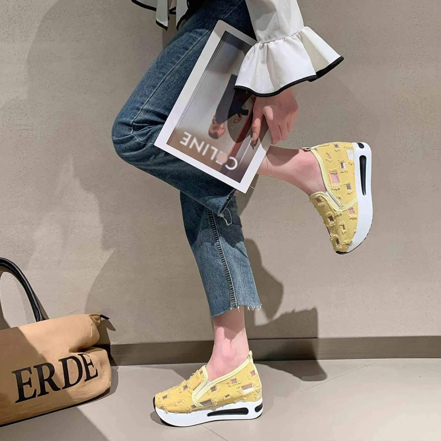 Women's Hollow Canvas Platform Loafers Lightweight Breathable Slip On Softsole Walking Sneakers Non-Slip Wedge Casual Shoes