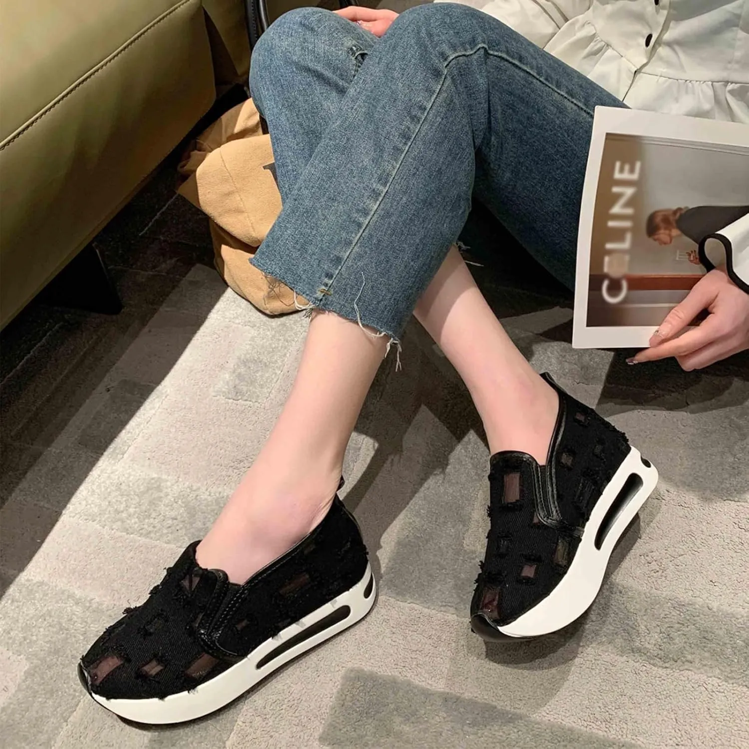 Women's Hollow Canvas Platform Loafers Lightweight Breathable Slip On Softsole Walking Sneakers Non-Slip Wedge Casual Shoes