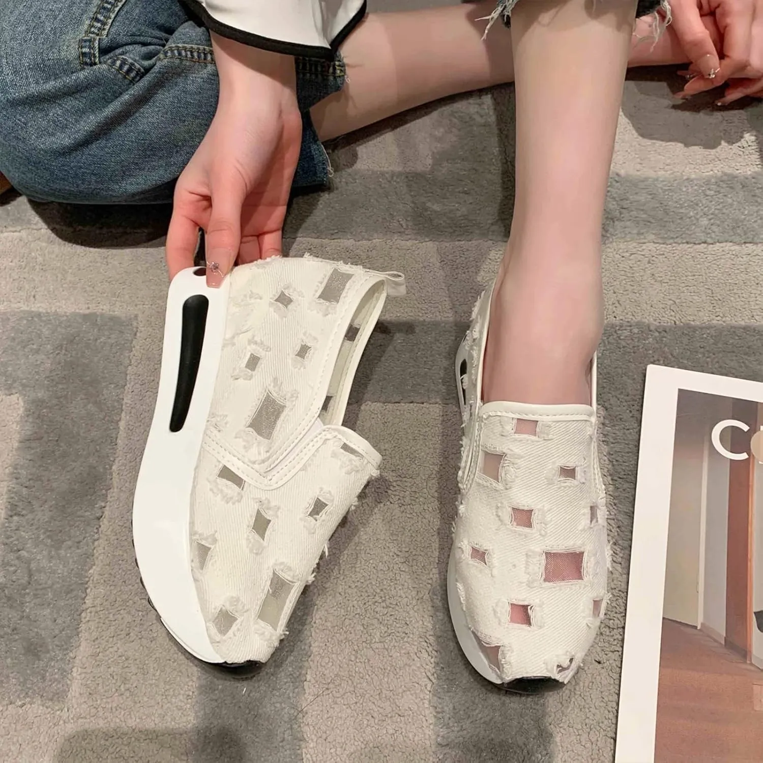 Women's Hollow Canvas Platform Loafers Lightweight Breathable Slip On Softsole Walking Sneakers Non-Slip Wedge Casual Shoes