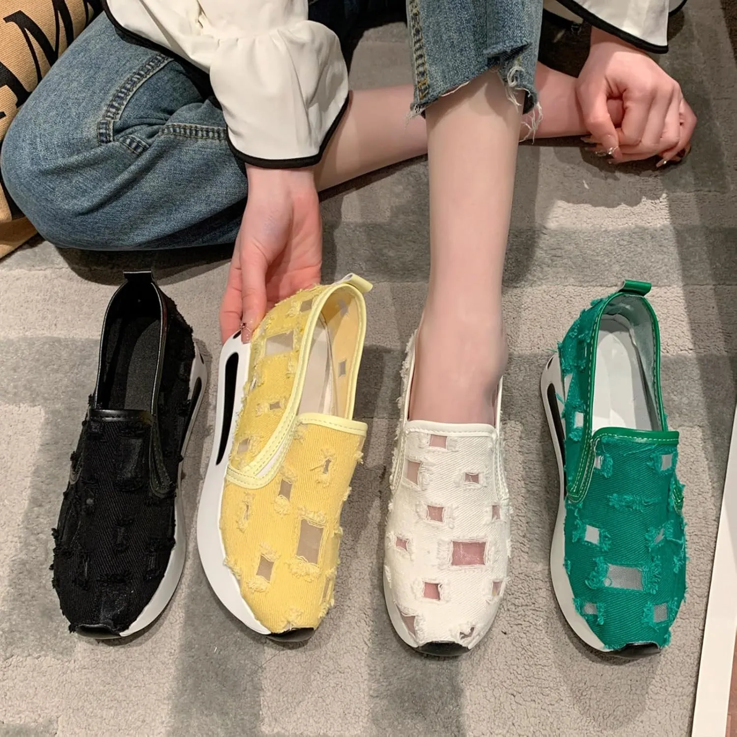 Women's Hollow Canvas Platform Loafers Lightweight Breathable Slip On Softsole Walking Sneakers Non-Slip Wedge Casual Shoes