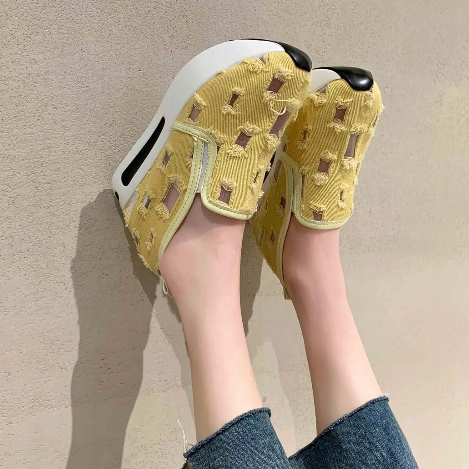 Women's Hollow Canvas Platform Loafers Lightweight Breathable Slip On Softsole Walking Sneakers Non-Slip Wedge Casual Shoes