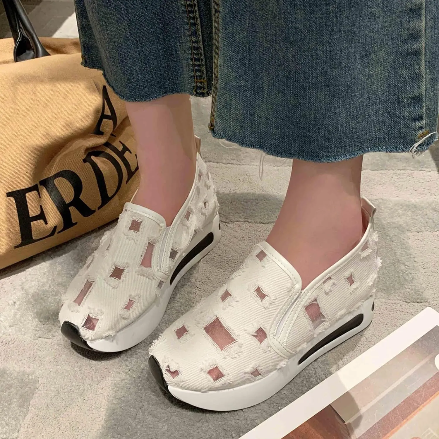 Women's Hollow Canvas Platform Loafers Lightweight Breathable Slip On Softsole Walking Sneakers Non-Slip Wedge Casual Shoes