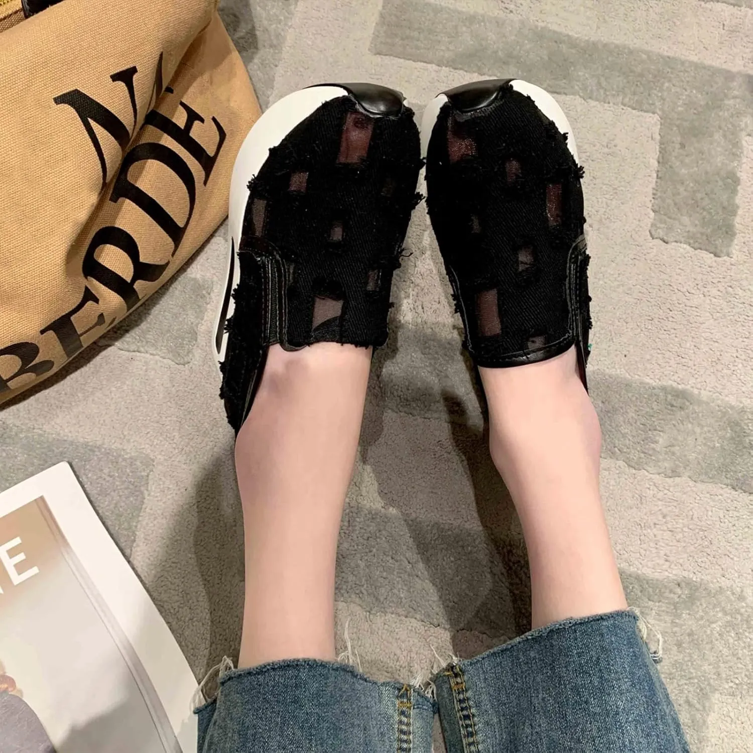 Women's Hollow Canvas Platform Loafers Lightweight Breathable Slip On Softsole Walking Sneakers Non-Slip Wedge Casual Shoes