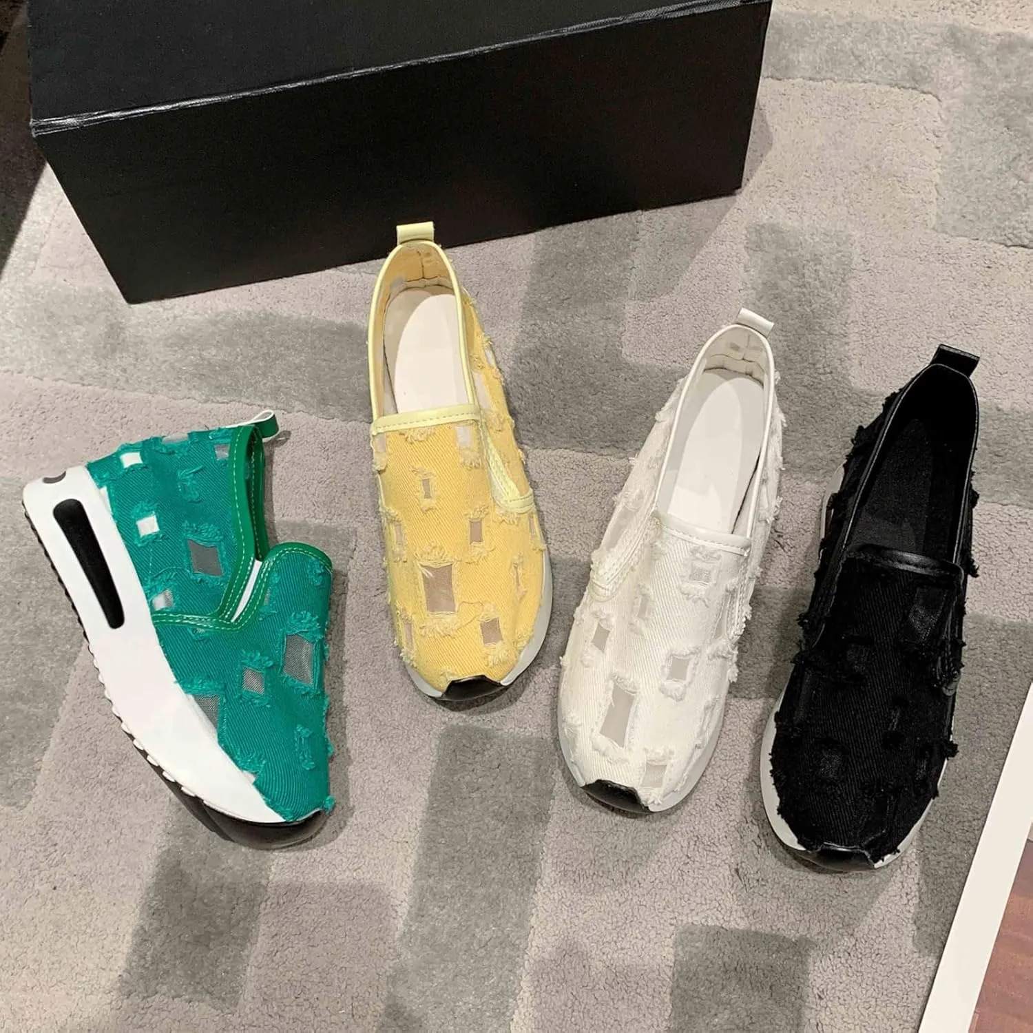 Women's Hollow Canvas Platform Loafers Lightweight Breathable Slip On Softsole Walking Sneakers Non-Slip Wedge Casual Shoes