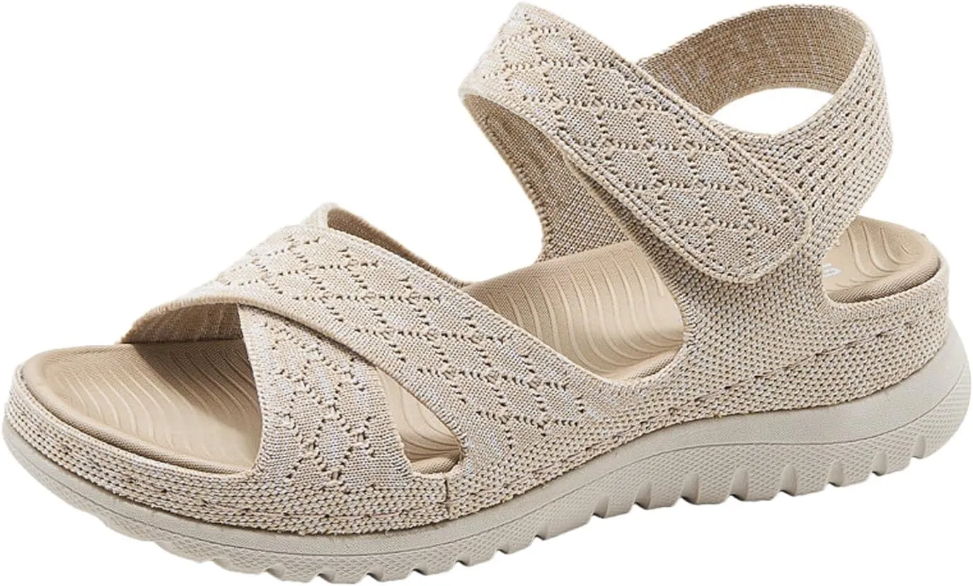 Women's Knitted Mesh Platform Walking Sandals with Arch Support Adjustable Hook and Loop Open Toe Breathable Soft Sole Mam Sandals Lightweight Non-Slip Casual Beach Sandals