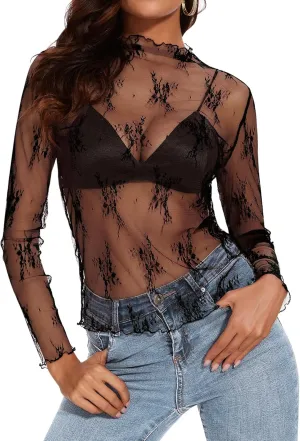 Womens Lace Mesh Long Sleeve Top Floral Sheer See Through Sexy Tops Mock Neck Shirts Party Club Night Blouses