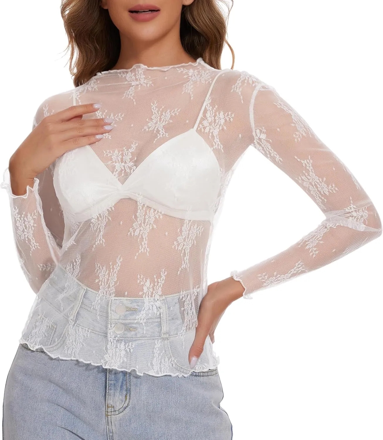Womens Lace Mesh Long Sleeve Top Floral Sheer See Through Sexy Tops Mock Neck Shirts Party Club Night Blouses