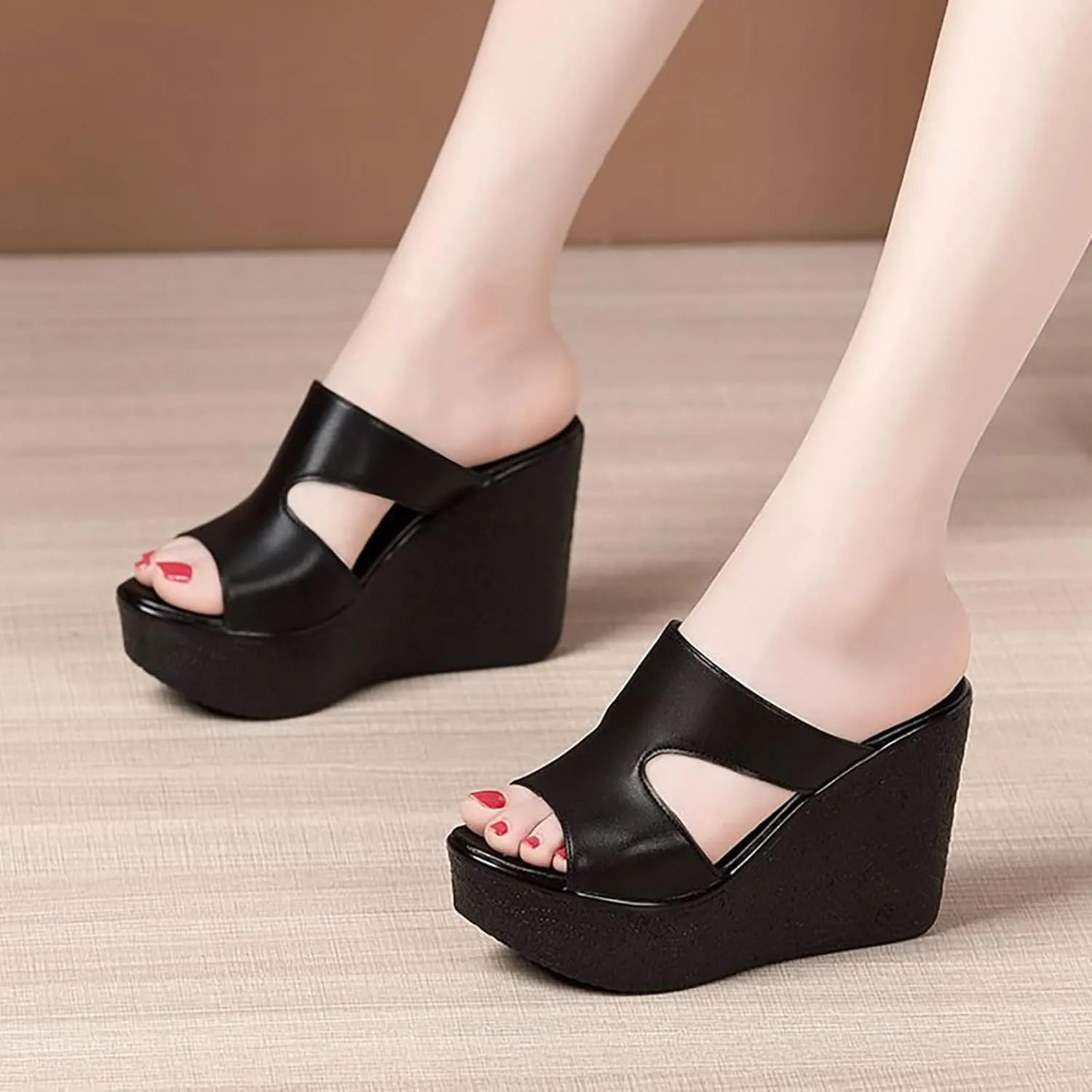 Women'S Leather Cutout Platform Wedge Sandals Fashion Round Open Toe Slip On Wedge Slides Sandals Summer Leisure Beach Vacation Slides