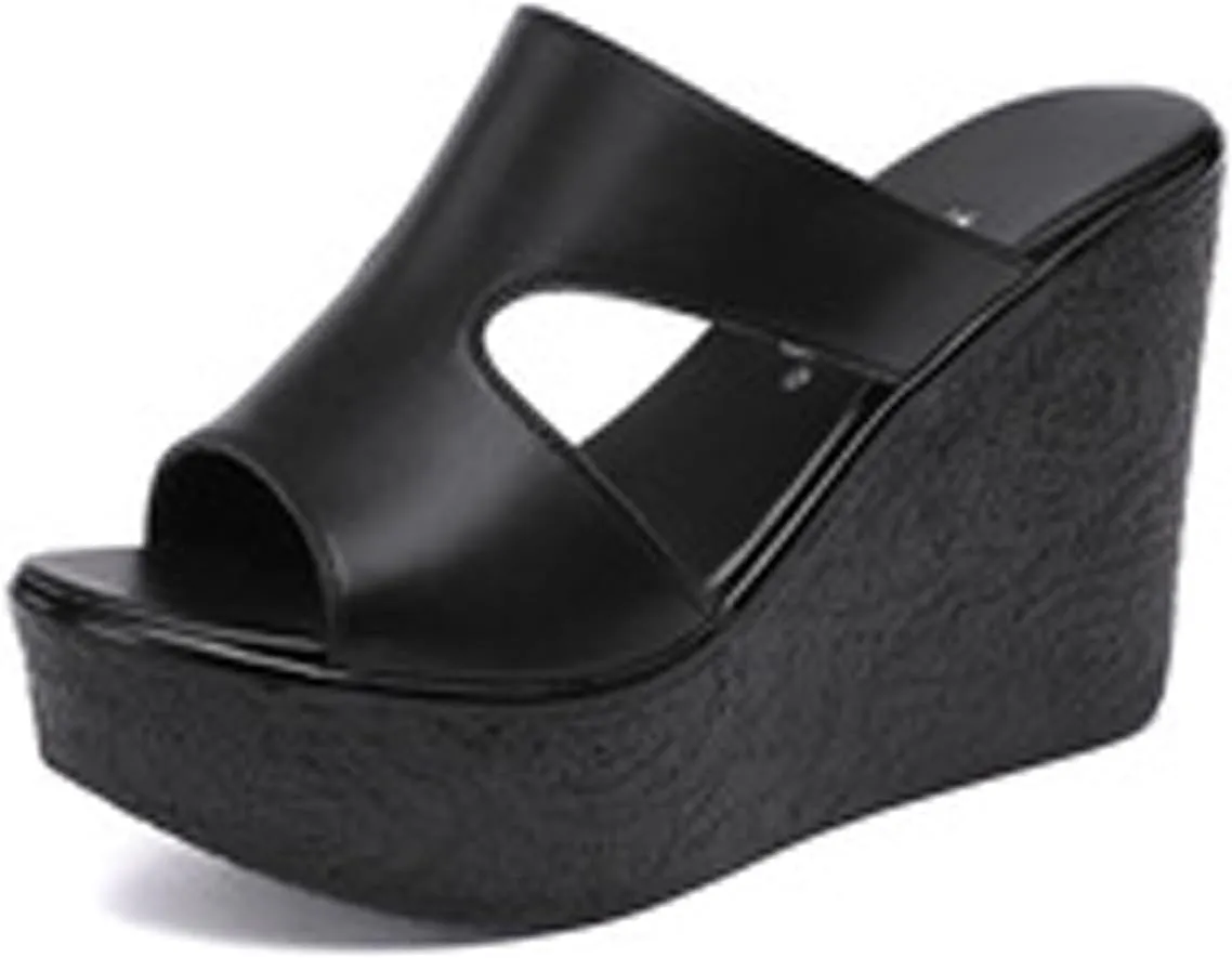 Women'S Leather Cutout Platform Wedge Sandals Fashion Round Open Toe Slip On Wedge Slides Sandals Summer Leisure Beach Vacation Slides