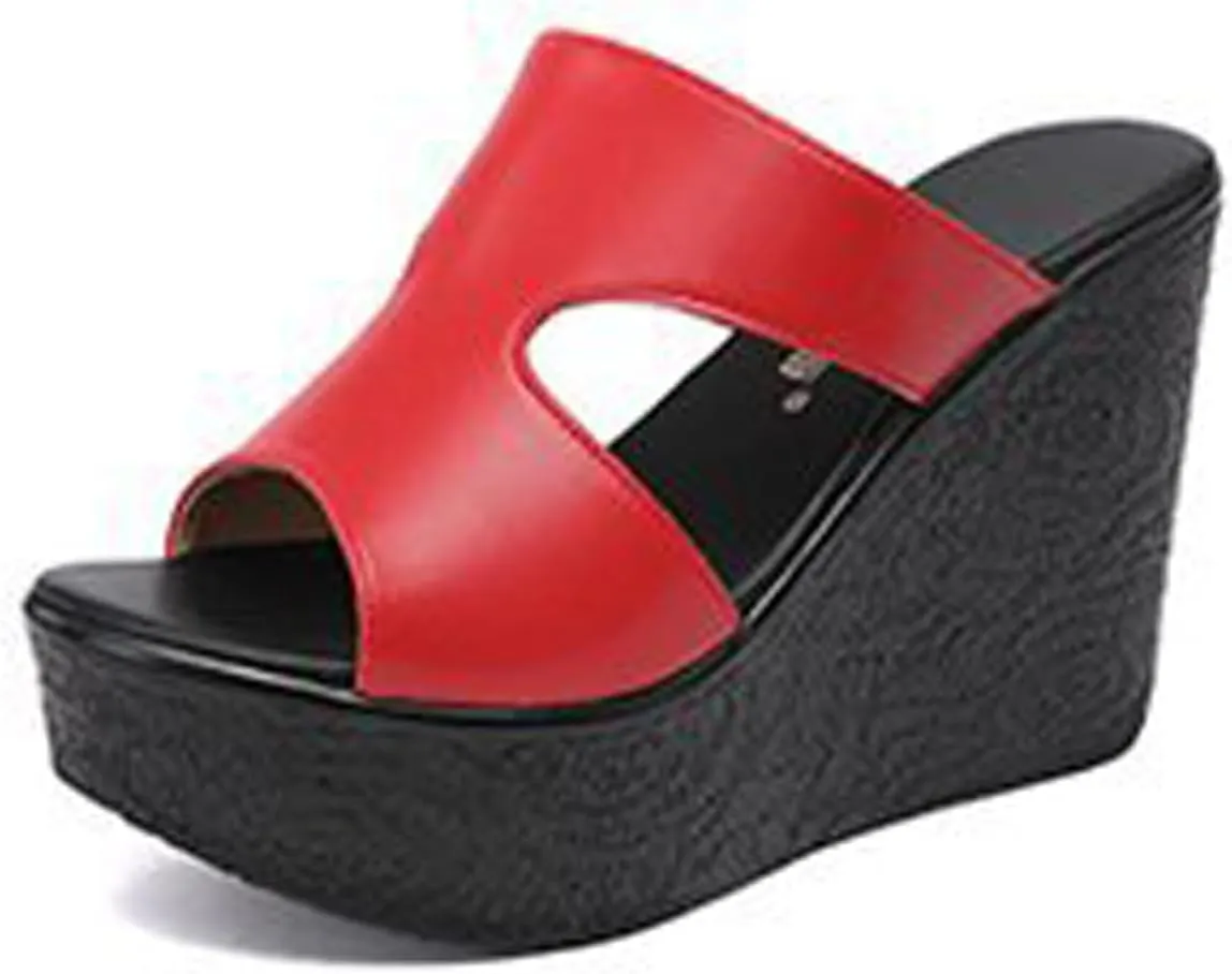 Women'S Leather Cutout Platform Wedge Sandals Fashion Round Open Toe Slip On Wedge Slides Sandals Summer Leisure Beach Vacation Slides