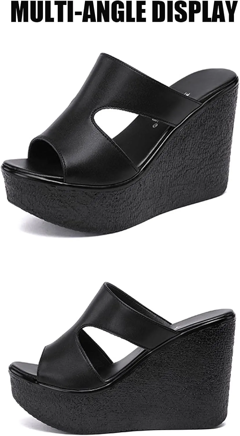 Women'S Leather Cutout Platform Wedge Sandals Fashion Round Open Toe Slip On Wedge Slides Sandals Summer Leisure Beach Vacation Slides