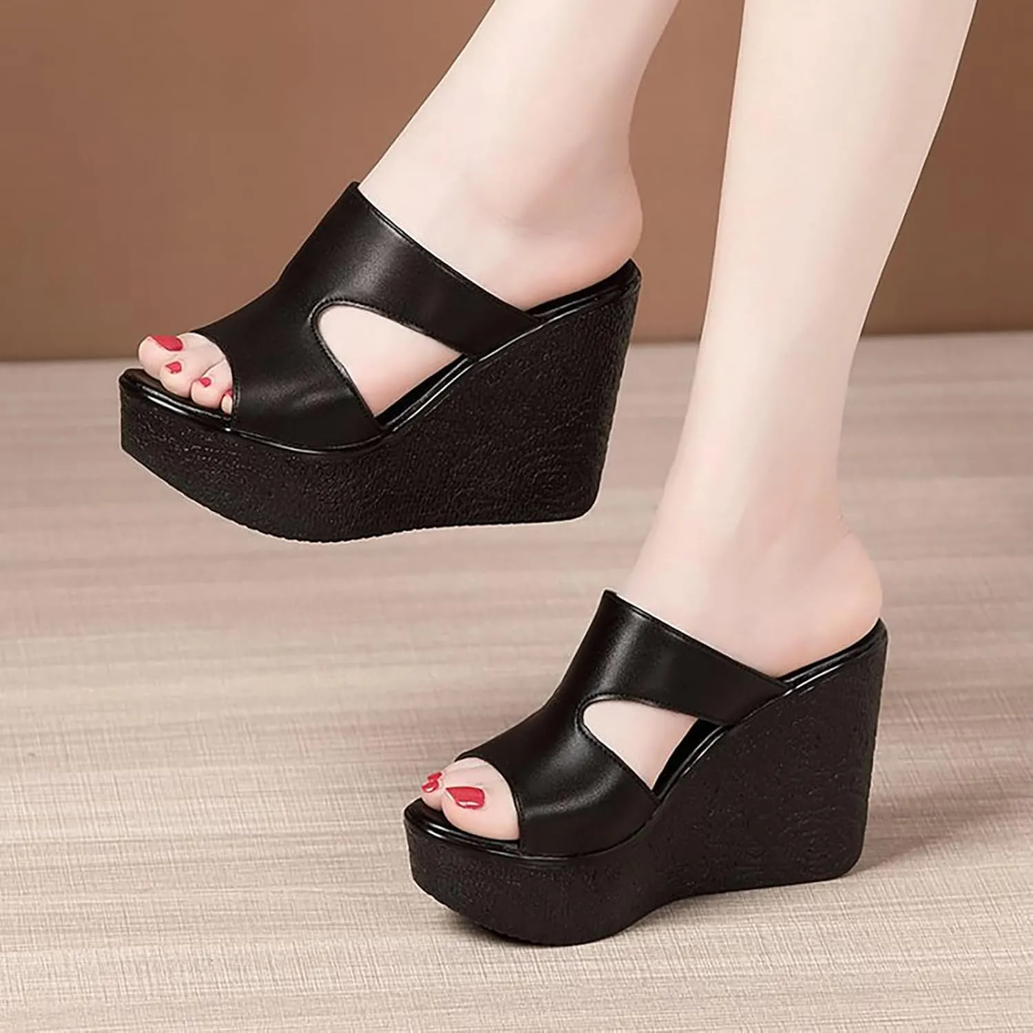 Women'S Leather Cutout Platform Wedge Sandals Fashion Round Open Toe Slip On Wedge Slides Sandals Summer Leisure Beach Vacation Slides
