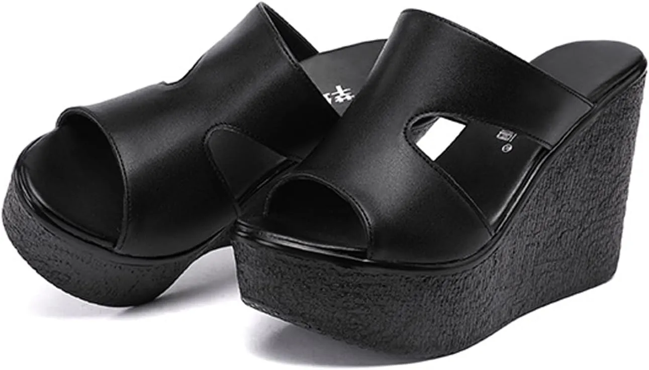 Women'S Leather Cutout Platform Wedge Sandals Fashion Round Open Toe Slip On Wedge Slides Sandals Summer Leisure Beach Vacation Slides