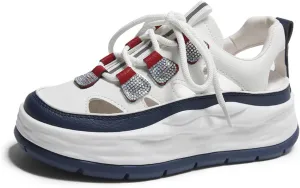 Women's Leather Lace Up Platform Sneakers,Comfortable Round Toe Low Top Lightweight Walking Shoes,Fashion Casual Non-Slip Wear-Resistant Increase Sports Shoes