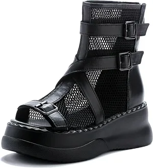 Women'S Leather Mesh Cutout Fish Mouth Platform Gladiator Sandals With Back Zipper Summer Comfortable Breathable High Top chunky sole Roman Y2k Sandals with buckle decor