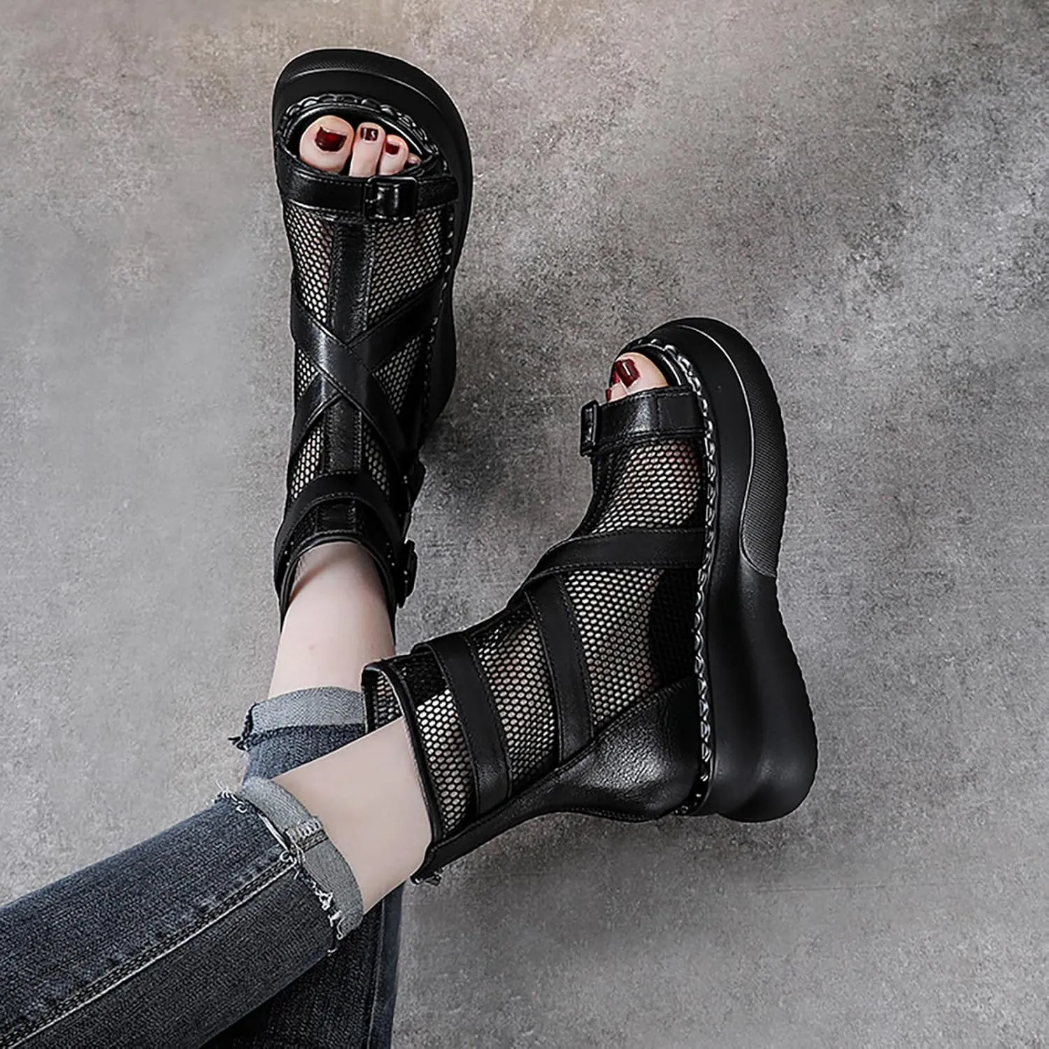 Women'S Leather Mesh Cutout Fish Mouth Platform Gladiator Sandals With Back Zipper Summer Comfortable Breathable High Top chunky sole Roman Y2k Sandals with buckle decor