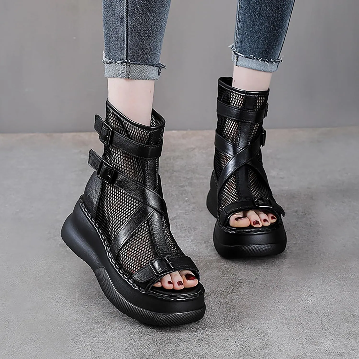 Women'S Leather Mesh Cutout Fish Mouth Platform Gladiator Sandals With Back Zipper Summer Comfortable Breathable High Top chunky sole Roman Y2k Sandals with buckle decor