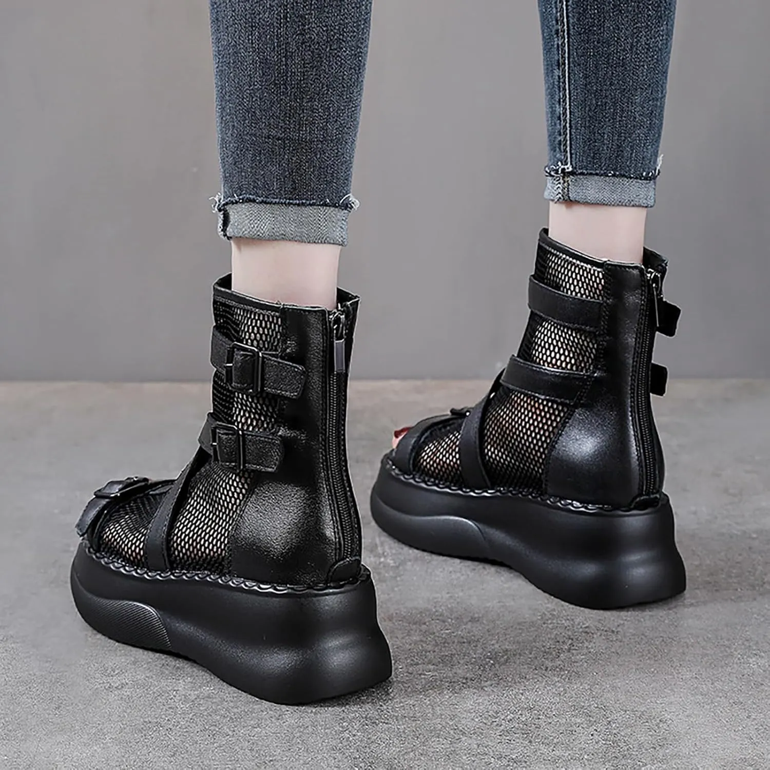 Women'S Leather Mesh Cutout Fish Mouth Platform Gladiator Sandals With Back Zipper Summer Comfortable Breathable High Top chunky sole Roman Y2k Sandals with buckle decor
