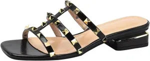 Women's leather one word Studded open toe Low Heel Sandals Fashion Square Toe Strappy rivet block heel slip-on Slide Sandals for summer beach vacation slippers