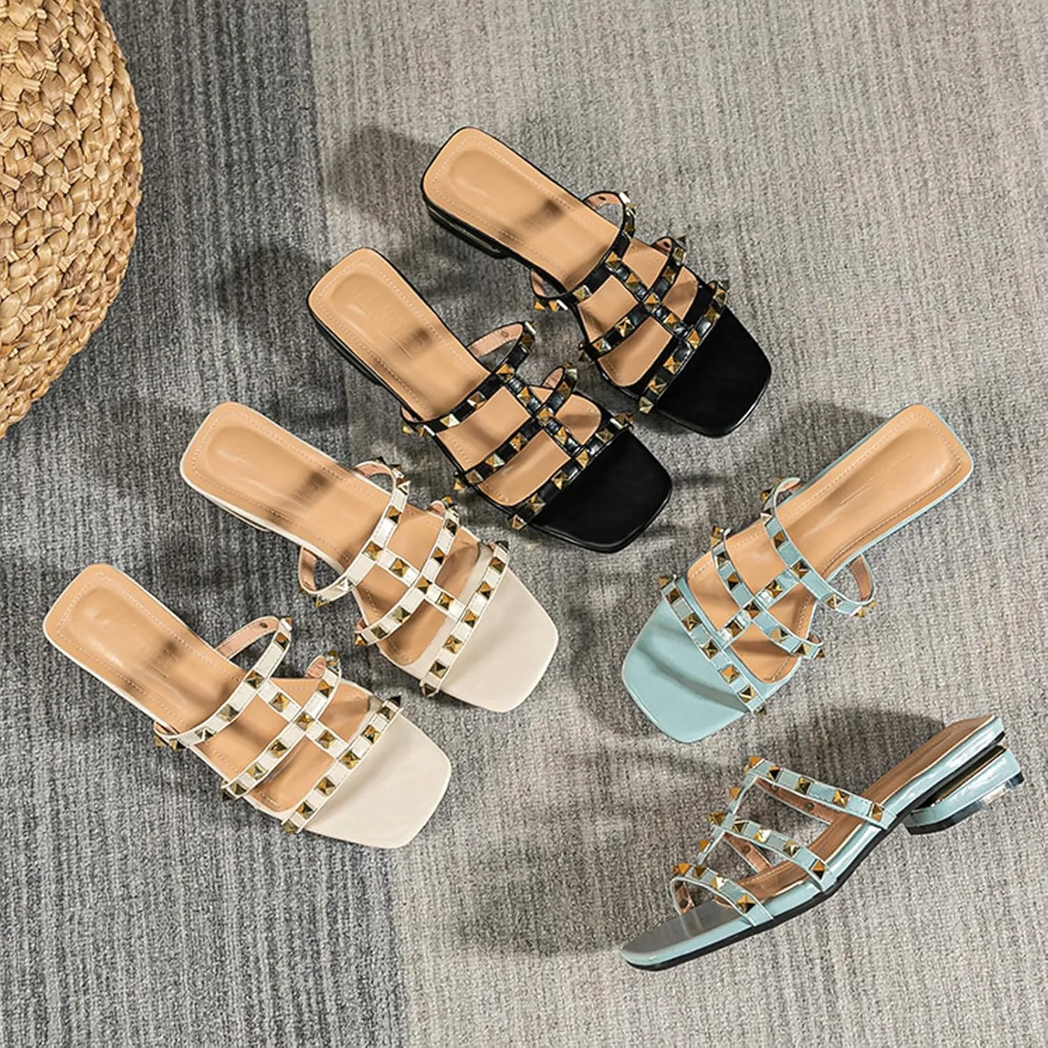 Women's leather one word Studded open toe Low Heel Sandals Fashion Square Toe Strappy rivet block heel slip-on Slide Sandals for summer beach vacation slippers