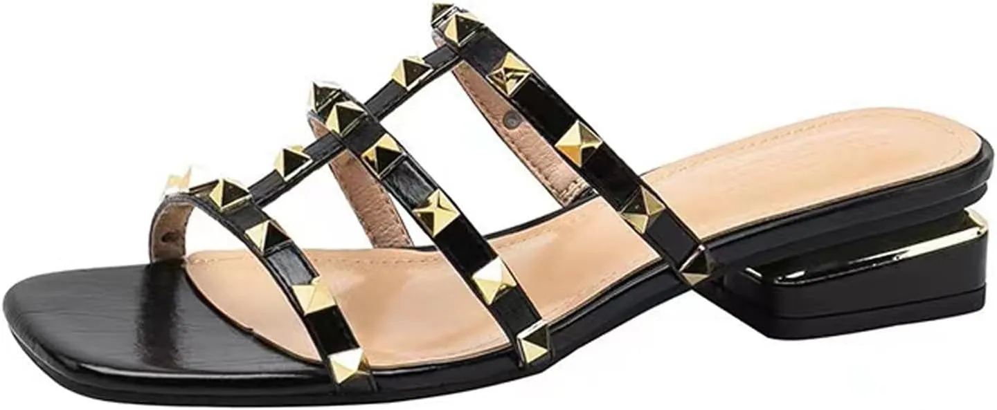 Women's leather one word Studded open toe Low Heel Sandals Fashion Square Toe Strappy rivet block heel slip-on Slide Sandals for summer beach vacation slippers