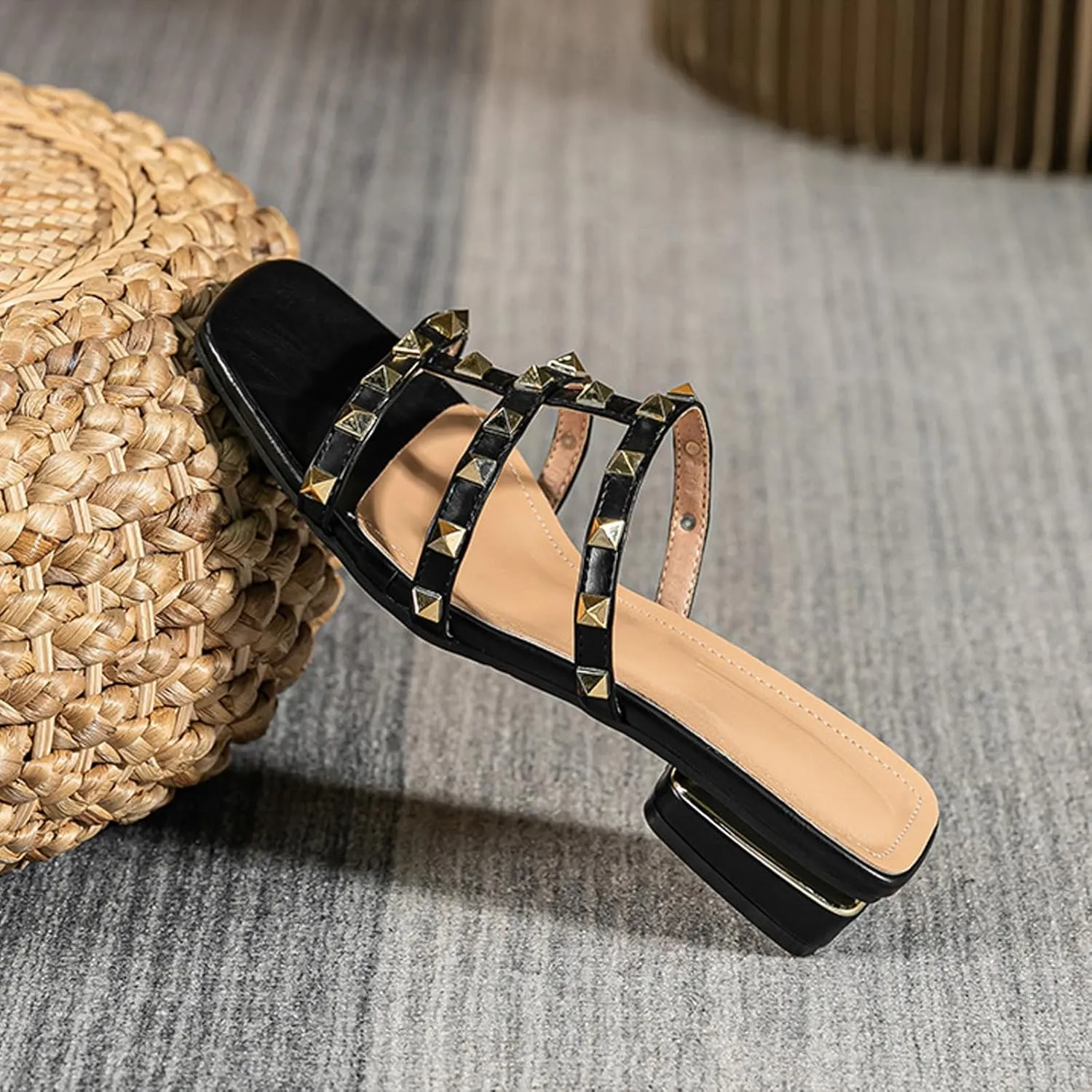 Women's leather one word Studded open toe Low Heel Sandals Fashion Square Toe Strappy rivet block heel slip-on Slide Sandals for summer beach vacation slippers